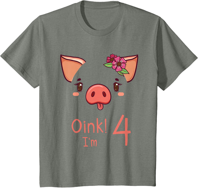 Girls Cute Pig Birthday Designs Co. 4th Birthday Pig Outfit Pig Face Gift 4 year old Girl Boy T-Shirt - Olive Heather
