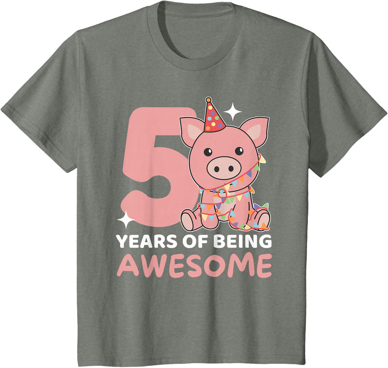Pig Birthday Gift Cute Animals Pig For The 5th Birthday For Children Five Years Old T-Shirt - Olive Heather