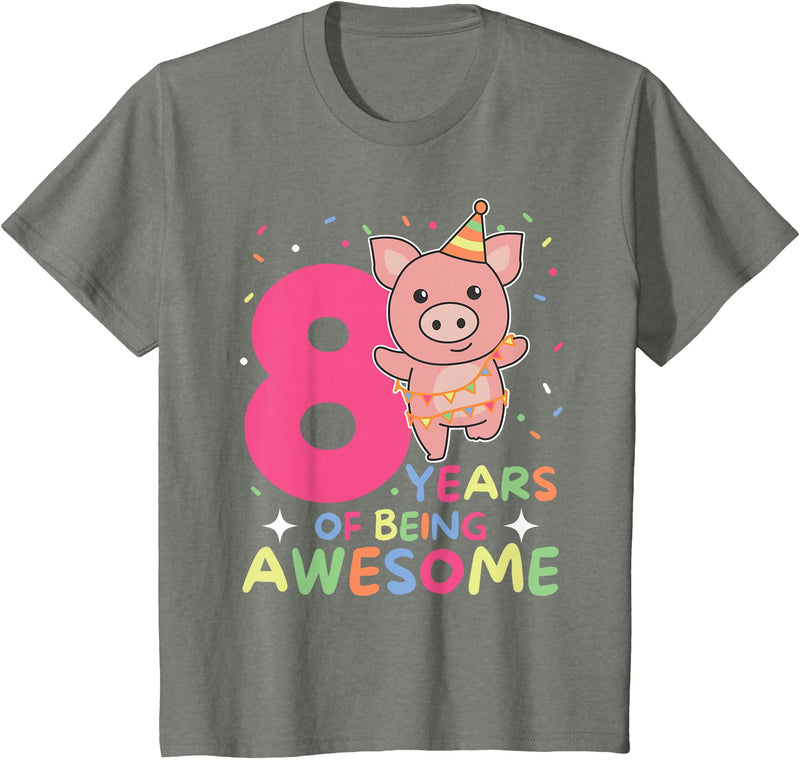 Pig Birthday Gift Cute Animals 8th Birthday Pig For Kids Eight Years Old T-Shirt - Olive Heather