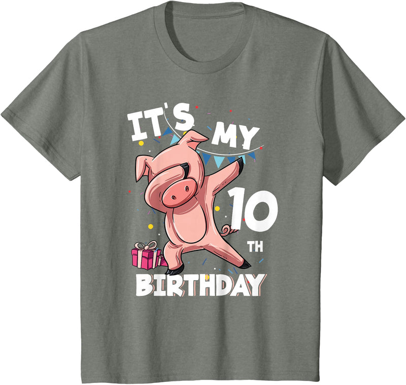 Pig Birthday Outfit for Boys Girls Party Supplies Its My 10th Birthday 10 Year Old Pig Birthday T-Shirt - Olive Heather