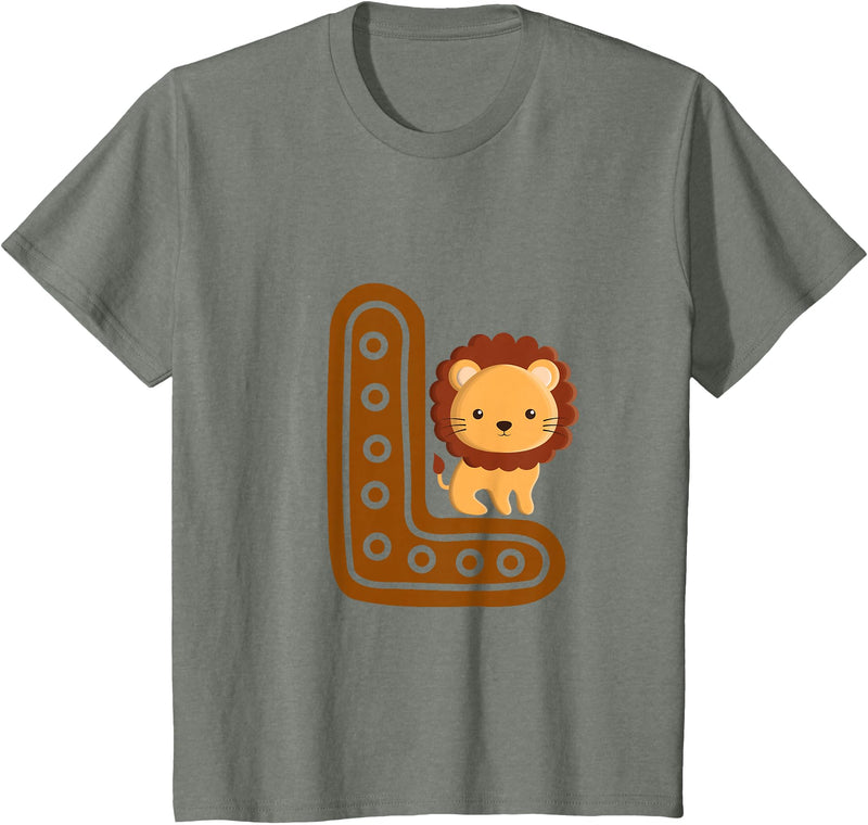 Kids Alphabet Letters Letter L Cure Lion Alphabet Cute Animal Boys Girls T-Shirt - Olive Heather