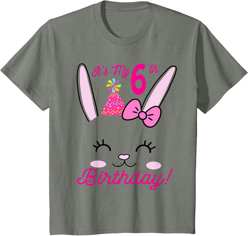 Its My 6th Birthday Girl Bunny Rabbit Theme Party (six) T-Shirt in Olive Heather