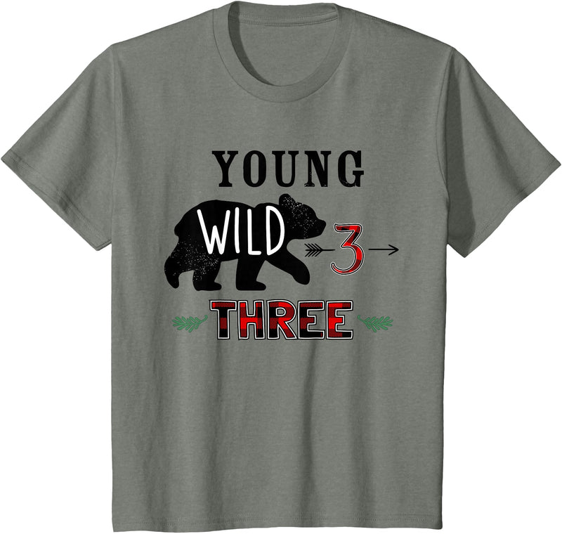 UrbanWear Bear Buffalo plaid Young Wild & Three 3 years 3rd Birthday T-Shirt - Olive Heather