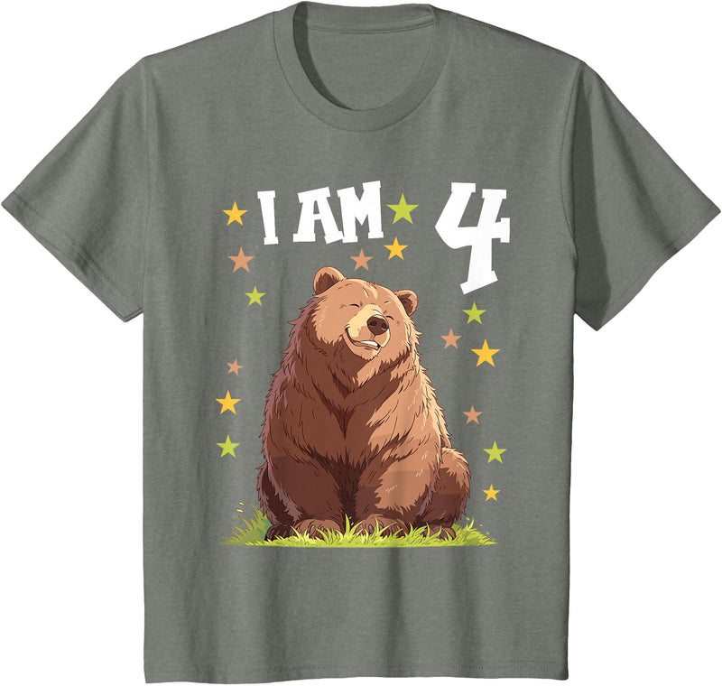 4 years old 4th birthday Bear Kids 4 Years old 4 birthday Bears Boy Girl Bear T-Shirt - Olive Heather