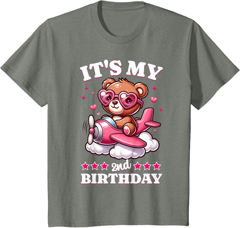 2 Year Old Girl Plane Birthday Party Kids Designs Kids 2nd Birthday Girls Airplane Birthday Party Teddy Bear Plane T-Shirt - Olive Heather