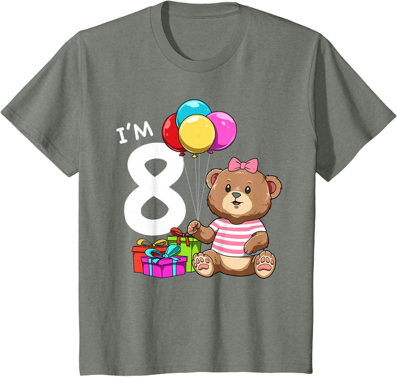 8th Birthday Teddy Bear - 8 Years Old Gift Tee Kids Eight Birthday Teddy Bear - 8 Year Old Girl T-Shirt - Olive Heather