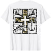 Camo Cross Fishing Faith Christian 2 Sided Hunting Fishing Cross Camo Faith Christian Fisherman Hunter T-Shirt - size chart