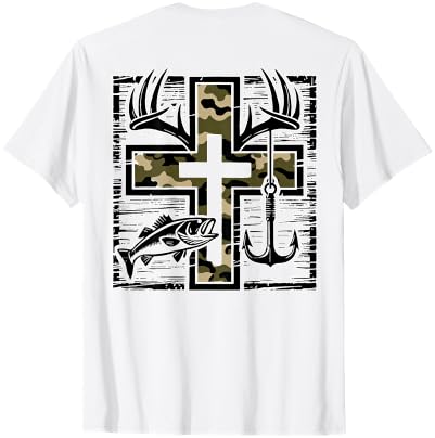 Camo Cross Fishing Faith Christian 2 Sided Hunting Fishing Cross Camo Faith Christian Fisherman Hunter T-Shirt - size chart