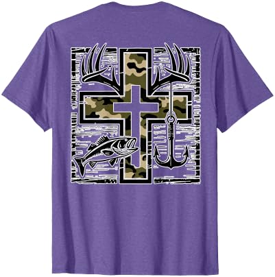 Camo Cross Fishing Faith Christian 2 Sided Hunting Fishing Cross Camo Faith Christian Fisherman Hunter T-Shirt - size chart