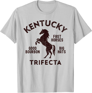 Vintage Horse Racing & Race Track Apparel Kentucky Trifecta - Fast Horses, Big Hats, & Good Bourbon T-Shirt - Silver Grey