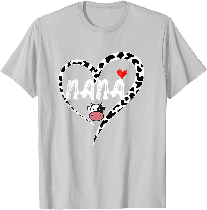 Black White Family Cow Farm Nana Cow Print Cow Heart Pattern Farmer Cows Mother's Day T-Shirt - Silver Grey