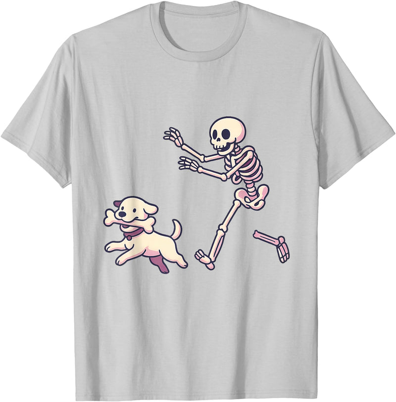 Funny Skeleton Dog Bone Halloween Kawaii Dog Steals Bone from Skeleton Running Halloween T-Shirt - Silver Grey