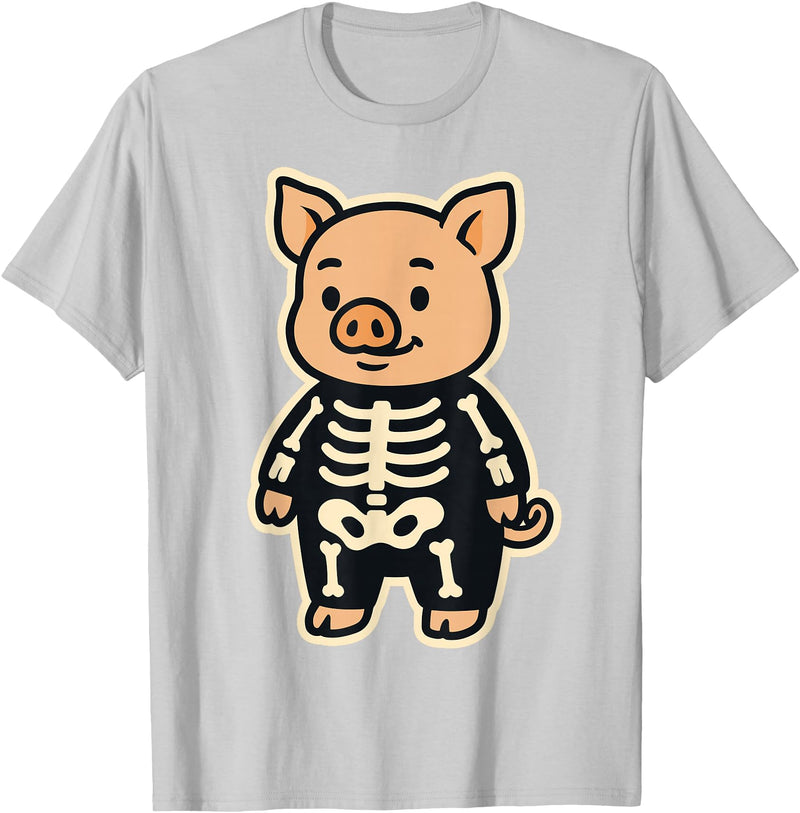 Spooky Cute Cartoon Animals in Halloween Outfits Funny Pig Skeleton Costume for Kids Boys Girls Halloween T-Shirt - Silver Grey