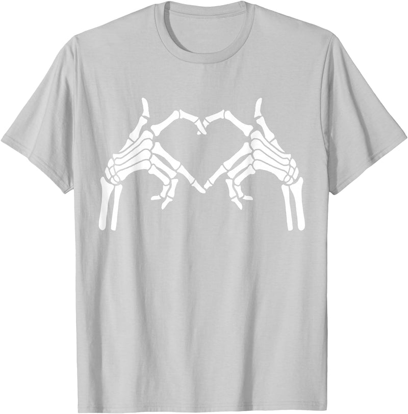 Skeleton Hand Halloween Trendy Novelty Graphic Art Skeleton Hands Heart Sign Halloween Tops T-Shirt - Silver Grey