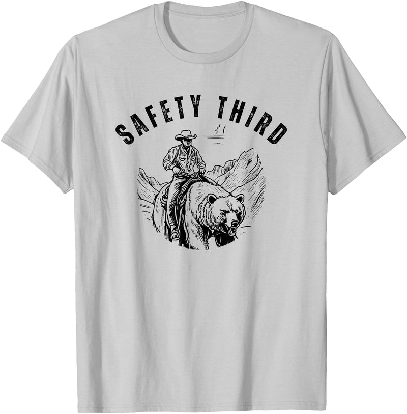 Exteevaganza Safety Third Cowboy Riding Bear Humorous Graphic T-Shirt - Silver Grey