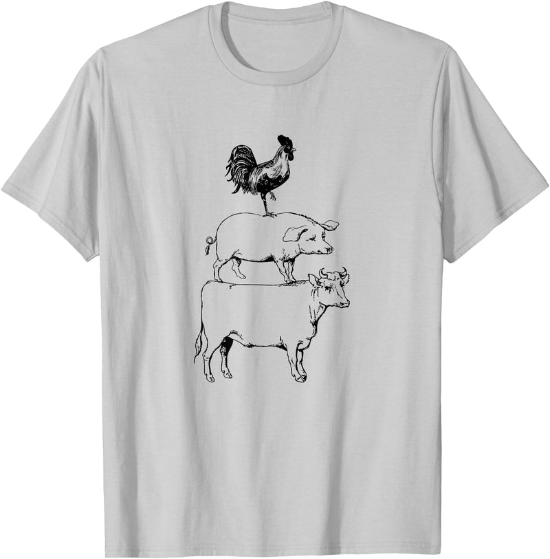 Tee Farm Stacked Farm Animals Cow Pig Rooster Meat Lover Farm Lover T-Shirt - Silver Grey
