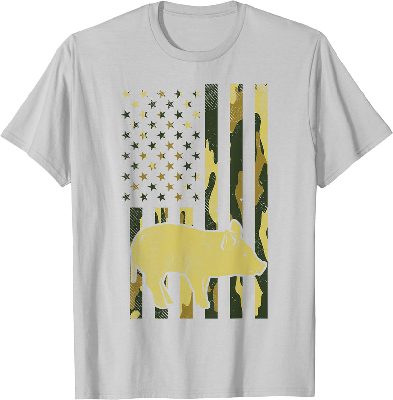 BoredKoalas Farming Farm Shirts Farmer Gifts Camo US Flag Pig Military Farm Animal Patriotic Farmer Gift T-Shirt - Silver Grey