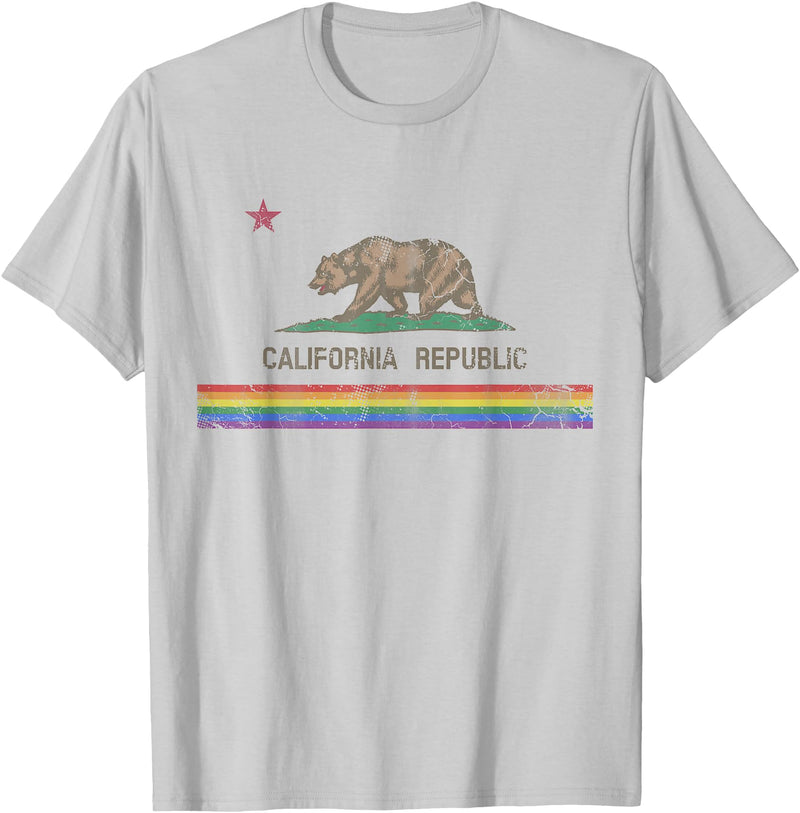 California LGBTQ+ Gift Men Women Couples Groups California Republic Bear LGBT Gay Pride Month Rainbow Flag T-Shirt - Silver Grey