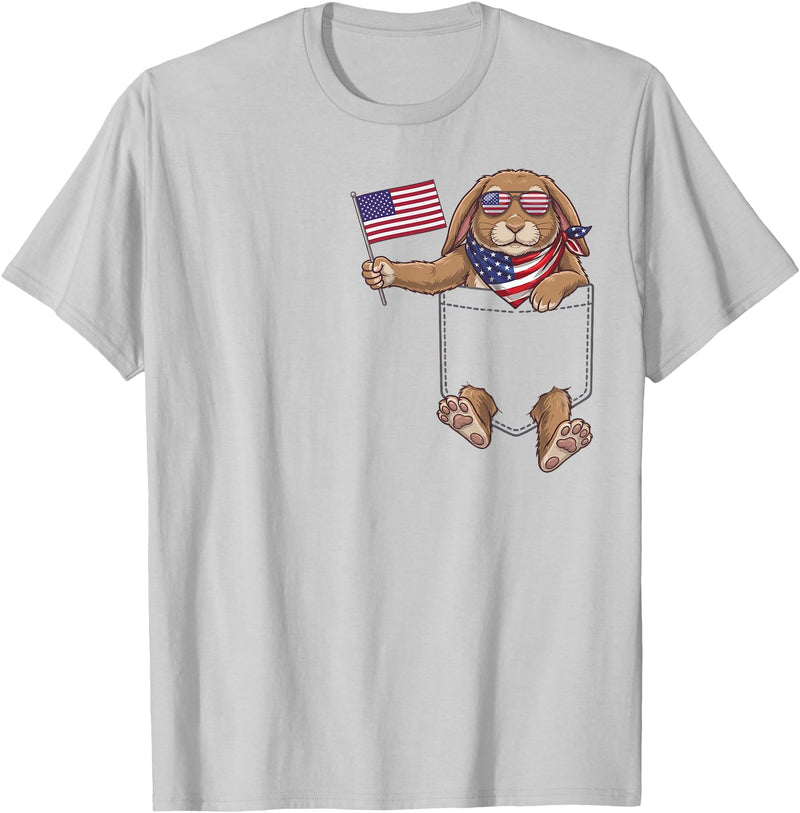 Rabbit Pocket Patriotic American Flag 4th of July USA T-Shirt in Silver Grey