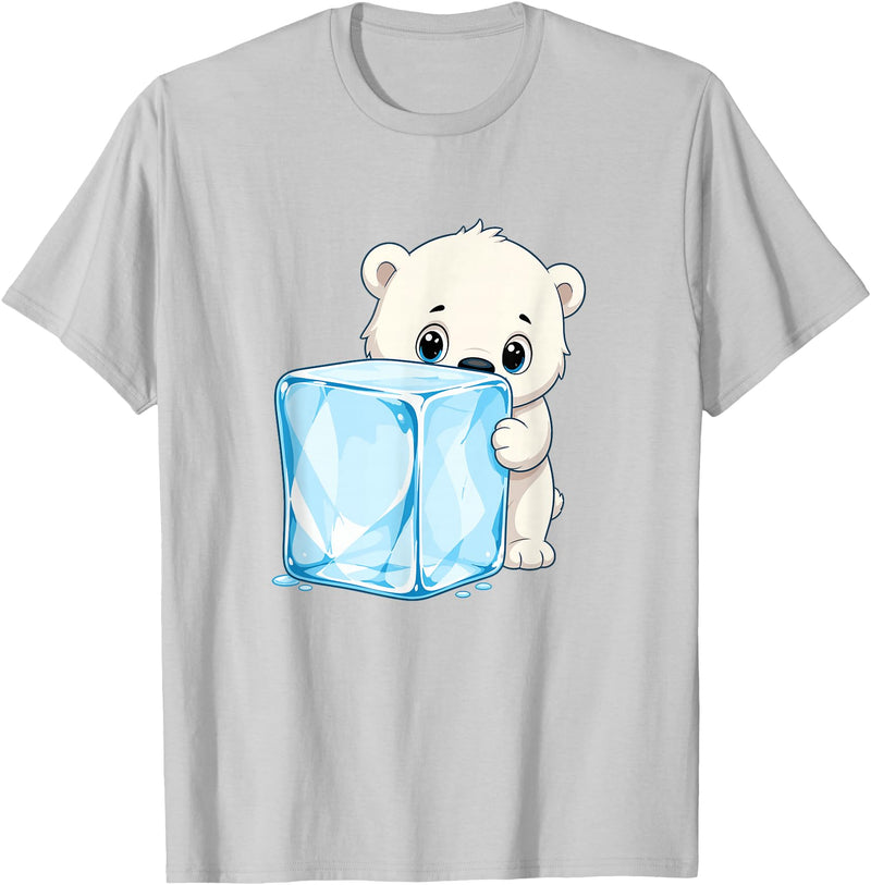 Cute Polar Bear Ice Cube Arctic Kawaii Adorable Baby Polar Bear Hugging Big Ice Cube T-Shirt - Silver Grey