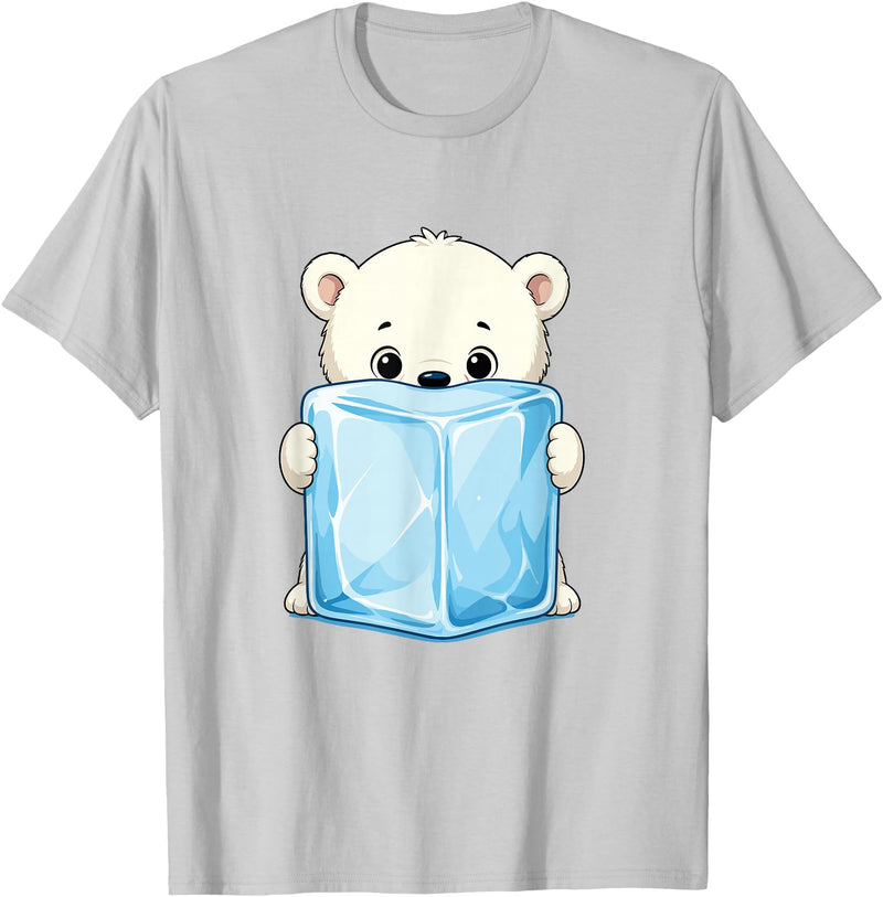 Cute Arctic Polar Bear With Ice Cube Kawaii Baby Polar Bear Holding Ice Cube Cartoon T-Shirt - Silver Grey