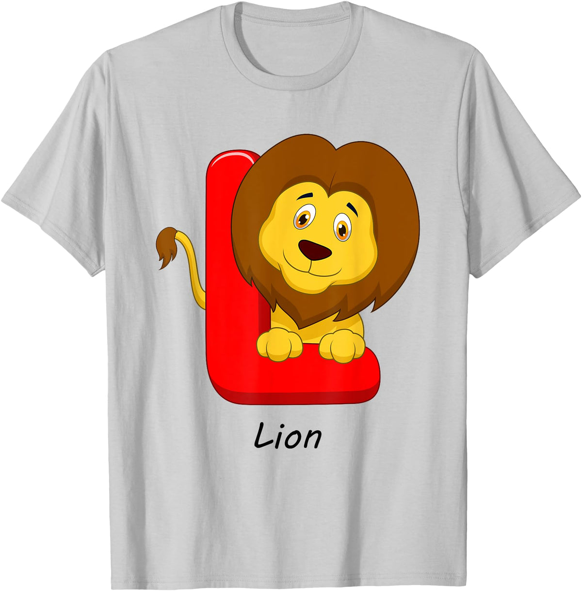 Cute Colorful Zoo Cartoon Animal ABC Children's Letters Motif L Like Lion T-Shirt - Silver Grey