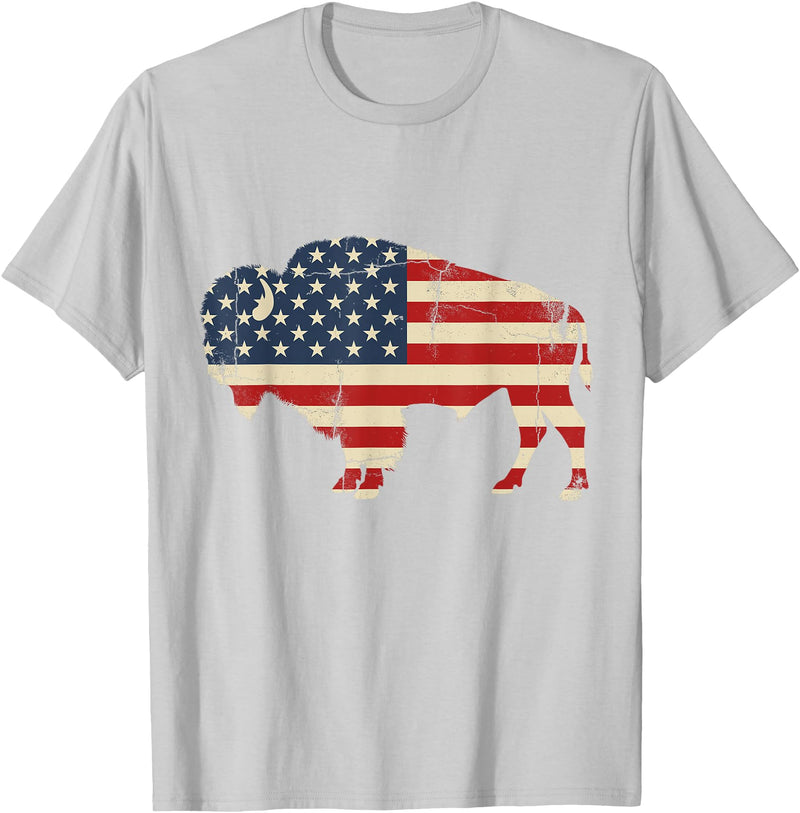 Bison American Buffalo Patriotic Heritage Lr Vintage Buffalo American Flag USA Bison Lover Wildlife T-Shirt - Silver Grey