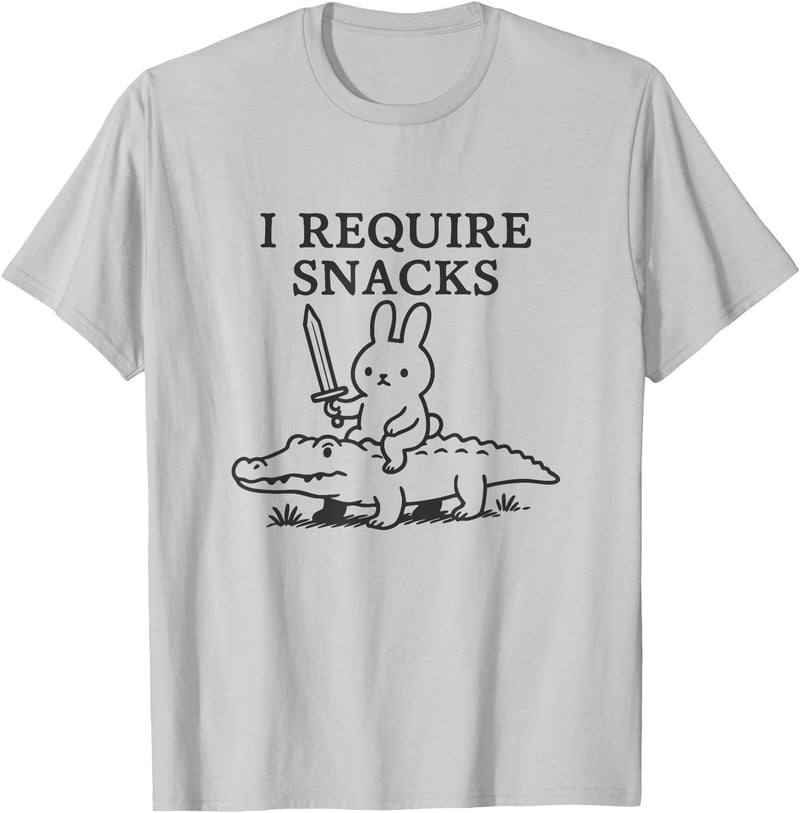 I Require Snacks Bunny Riding Gator Funny Rabbit Humor Meme T-Shirt in Silver Grey