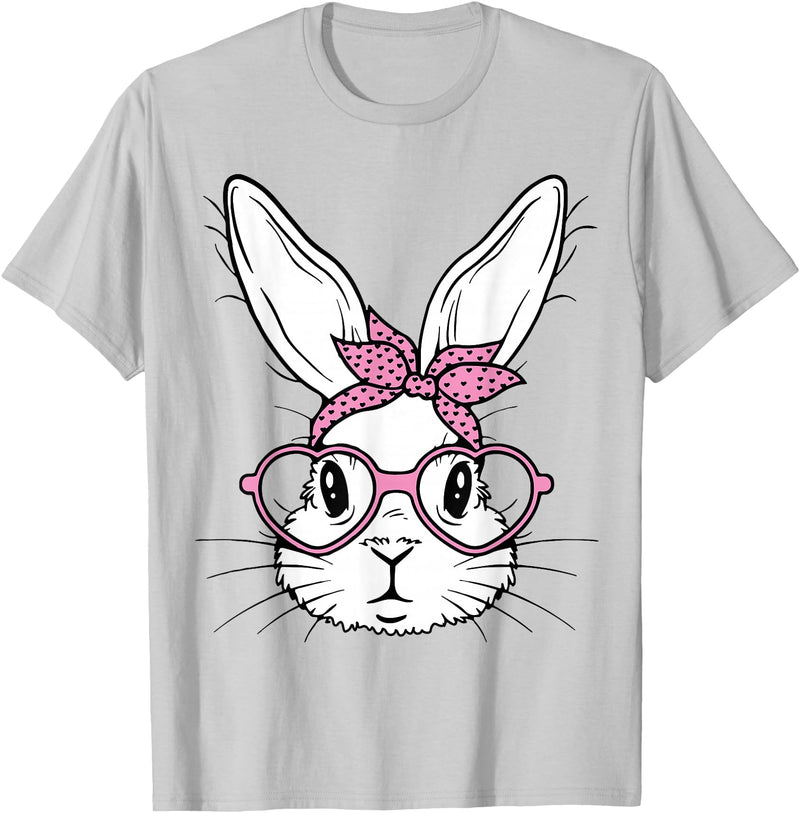Cute Bunny Rabbit Face with Bandana Heart Glasses Easter Day T-Shirt in Silver Grey