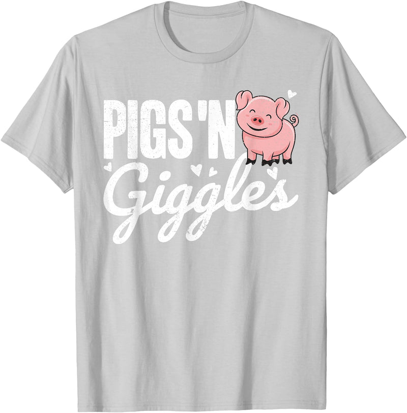 The Cute Pig Farming Apparel Co. Pigs 'n Giggles Funny Farm Pig Farmer Pigs Women Girls T-Shirt - Silver Grey