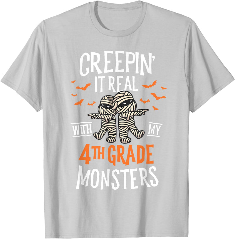 Halloween by Joy Haus Creepin It Real with My 4th Grade Monsters Halloween Teacher T-Shirt - Silver Grey