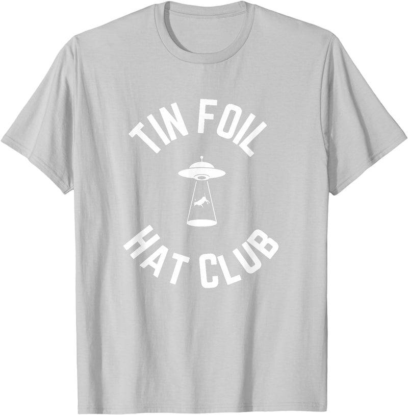 Tin Foil Hat Club with UFO Cow Abduction T-Shirt - Silver Grey