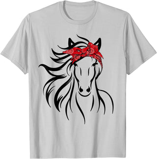 Horse Bandana Tee For Women Girls Tee Horse Bandana Tee for Horseback Riding Horse Lover T-Shirt - Silver Grey