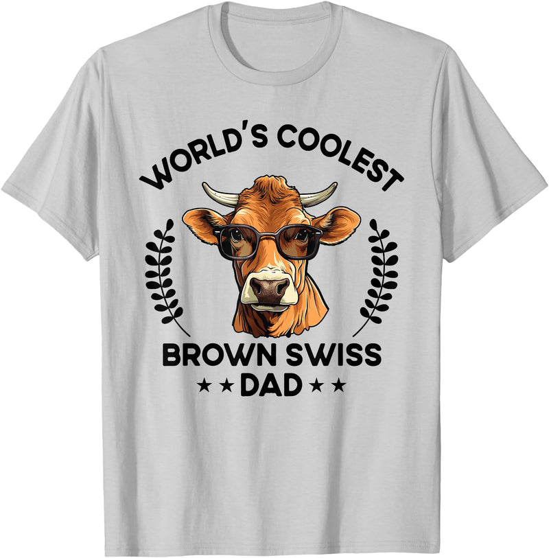 The Woof Wardrobe World's Coolest Cow Dad Papa - Men Farmer Brown Swiss T-Shirt - Silver Grey