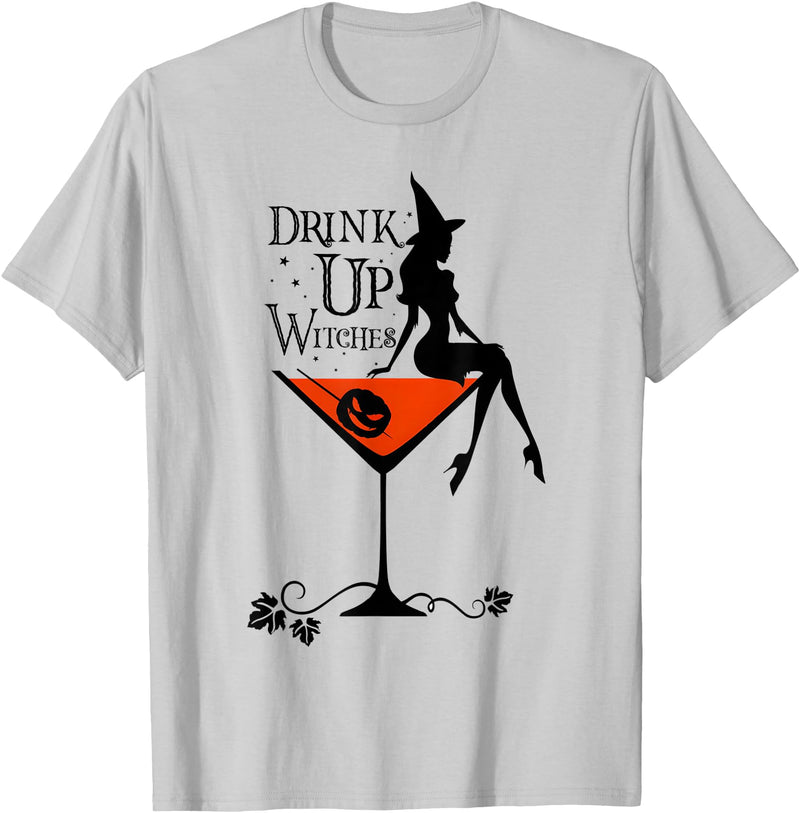 Drink Up Witch Squad Halloween Drink Up Witches Witch Squad Wine Glass Halloween T-Shirt - Silver Grey