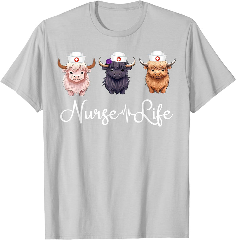 Highland Cow Nurse Life Costume Cute Highland Cow Nurse Life Farm Animal Lover Nursing T-Shirt - Silver Grey