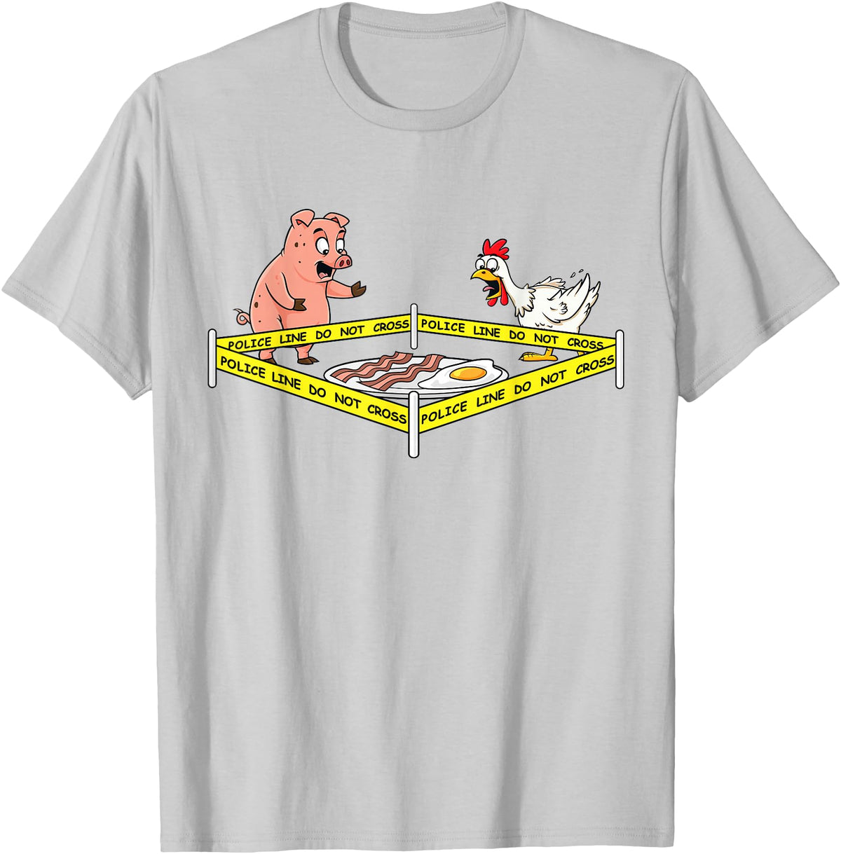 Mr Ben Thanksgiving Police Line Do Not Cross Pig and Chicken Funny Food T-Shirt - Silver Grey