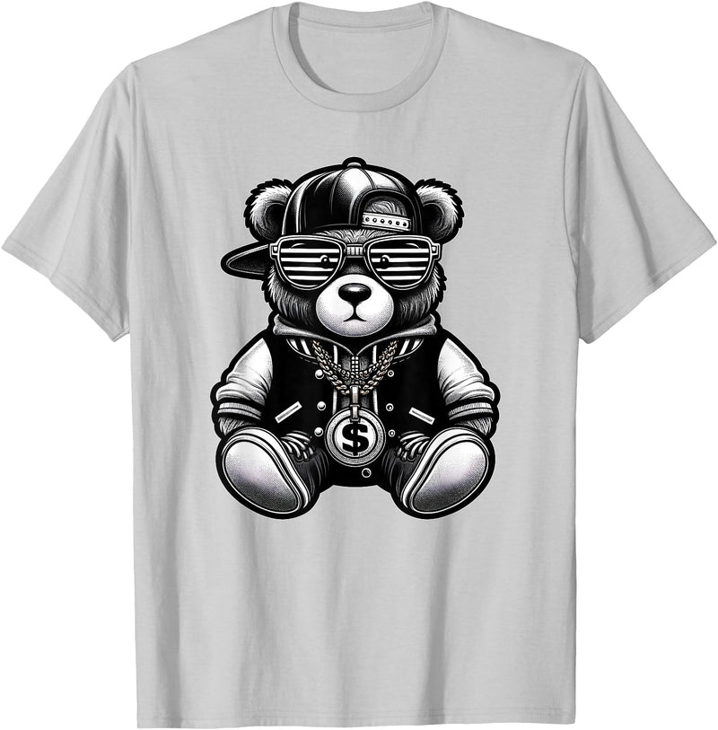 Teddy Bear Hip Hop Lovers Men Women & Kids Funny Hip Hop Teddy Bear 90s Graffiti Art Rap Lover Gangsta T-Shirt - Silver Grey
