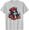 Sugar Skull Dia De Los Muertos Floral Skull Day of The Dead Sugar Skull Woman Floral Crown T-Shirt - Silver Grey