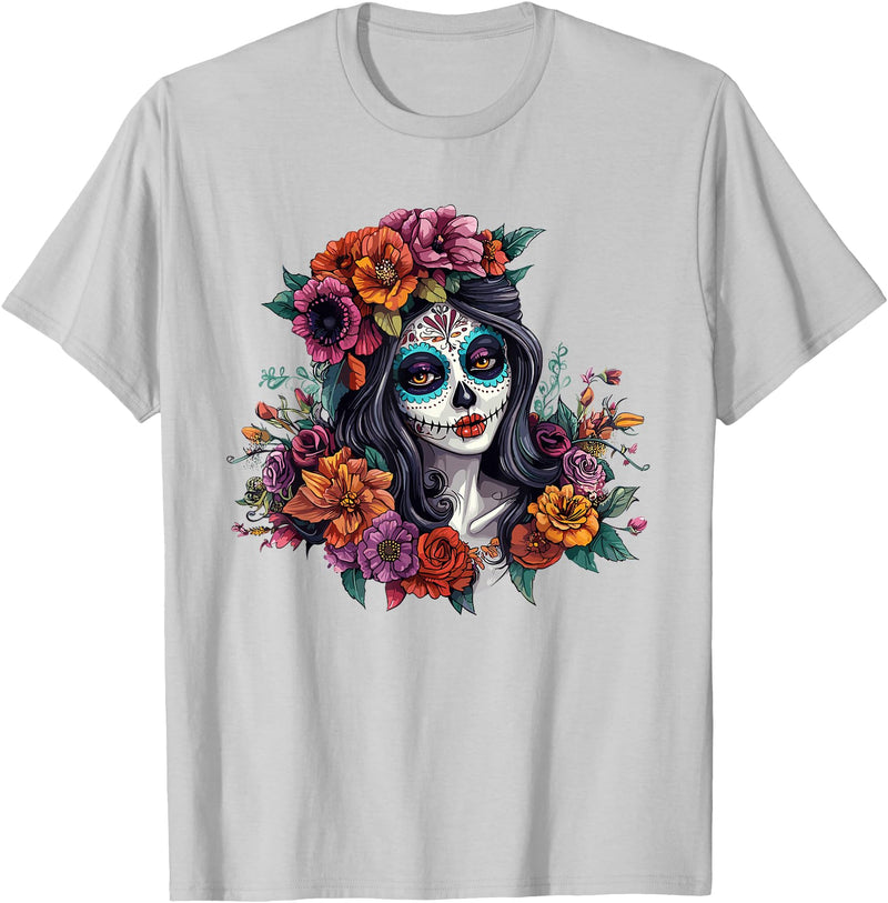 Sugar Skull Dia De Los Muertos Floral Skull Day of The Dead Sugar Skull Woman Floral Crown T-Shirt - Silver Grey