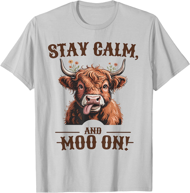 Humble Atelier Stay Calm and Moo On Highland Cow T-Shirt - Silver Grey