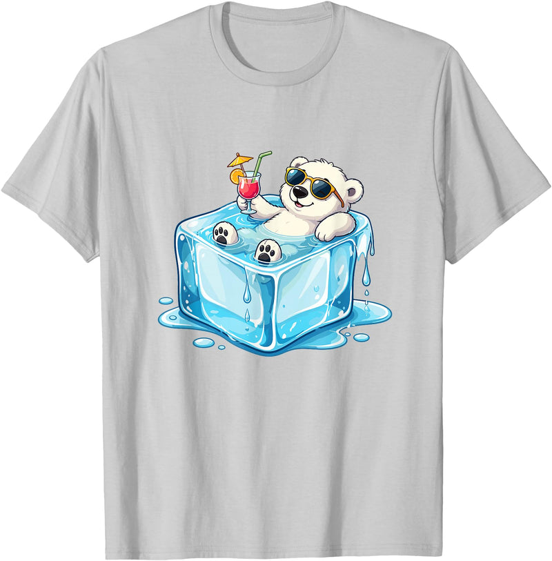 Cool Polar Bear Summer Vibes Chill Ice Cube Lazy Polar Bear in Ice Cube Tropical Cocktail T-Shirt - Silver Grey