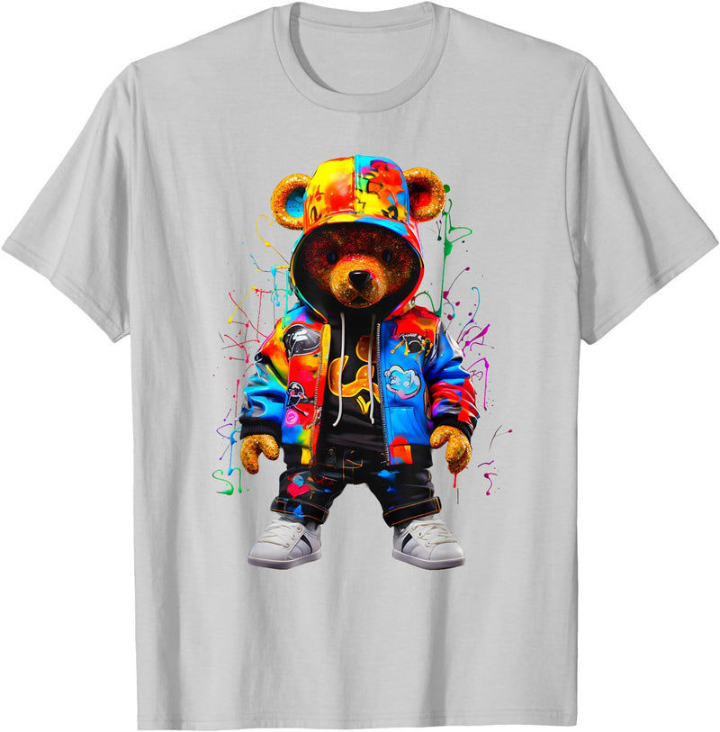 Hip-Hop Teddy-Bear Aesthetic Urban StreetWear Co. Hip-Hop Teddy-Bear Colorful Teddybear with Hoodie Graphic T-Shirt - Silver Grey