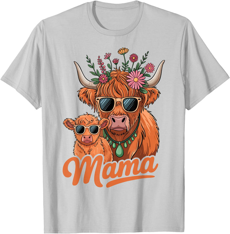 Scottish Farm Matching Mom Daughter Highland Cow Highland Cow Mama Mom Baby Calf Daughter Floral Mothers Day T-Shirt -