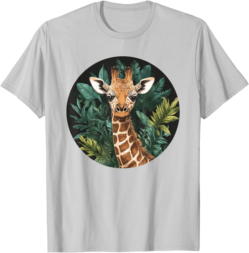Nature Wildlife Giraffe Safari Jungle Giraffe With Tropical Jungle Leaves T-Shirt - Silver Grey