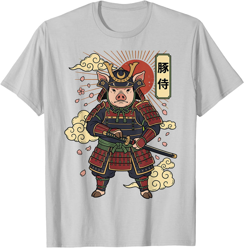 Samurai Pig Anime Japan Pig Samurai Japanese Warrior T-Shirt - Silver Grey
