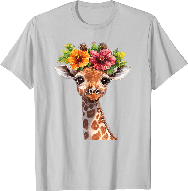 Aesthetic Giraffe Art Cute Floral Giraffe With Flower Crown T-Shirt - Silver Grey