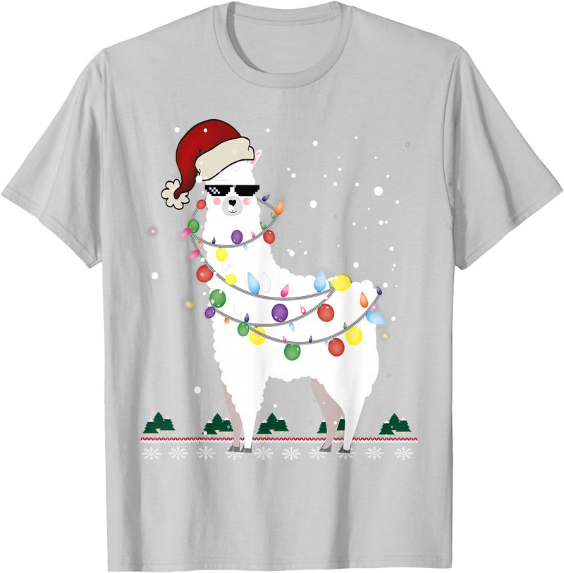 Christmas Llama Santa Hat Ugly Xmas Tee Christmas Llama Santa Hat Ugly Xmas Tree Alpaca Gift T-Shirt - Silver Grey