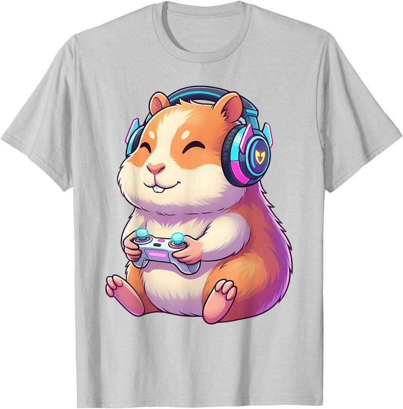 Funny Cute Hamster Gamer Adorable Video Game Animal Design T-Shirt - Silver Grey