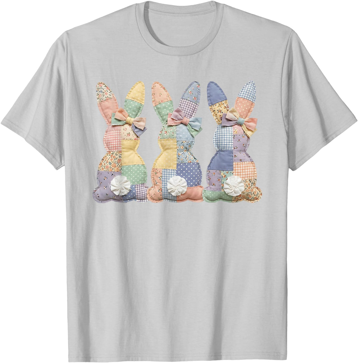 Easter Patchwork Bunny Cute Bunny Rabbit Coquette Lace Bow T-Shirt in Silver Grey